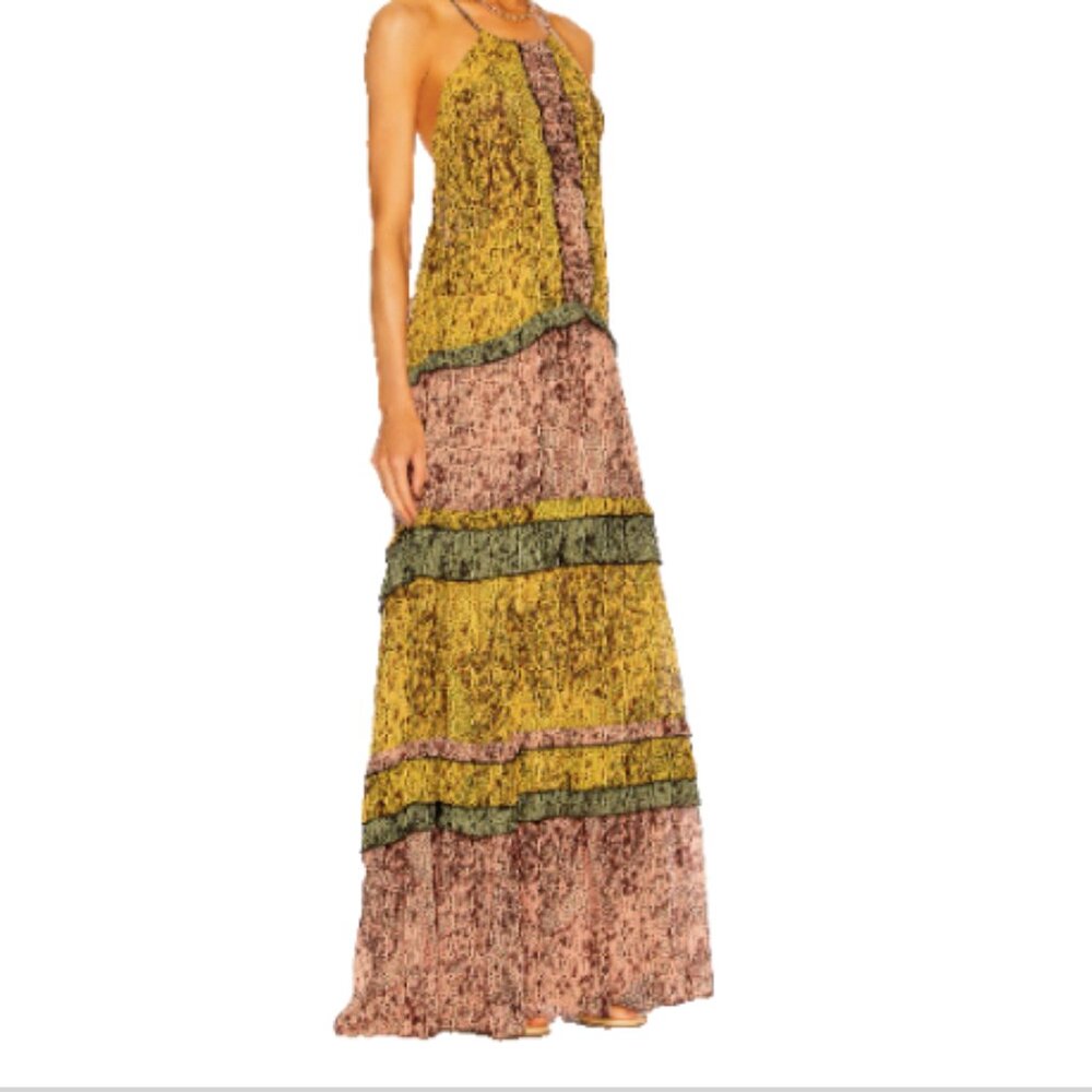 Alexis Licett Halter Neck Tiered Maxi Open Back Strap Dress Color Amazonia Sz S - Picture 3 of 8